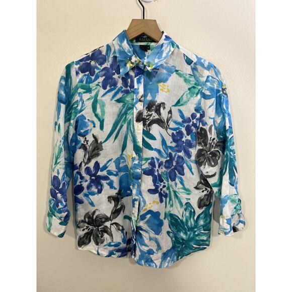 Linen Button Up Floral Blouse M Boho Coastal Resort Maximalist Preppy Office Art - Picture 1 of 12